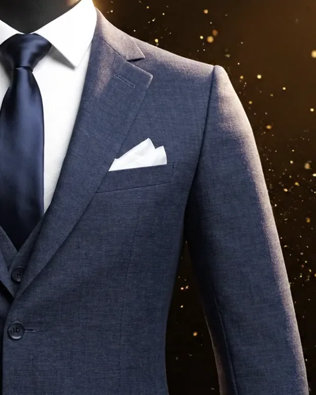 Navy athletic fit suit jacket with white pocket square